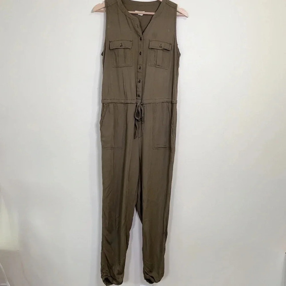 Caslon Sleeveless Green Army Waist Drawstring Jumpsuit - Picture 2 of 11